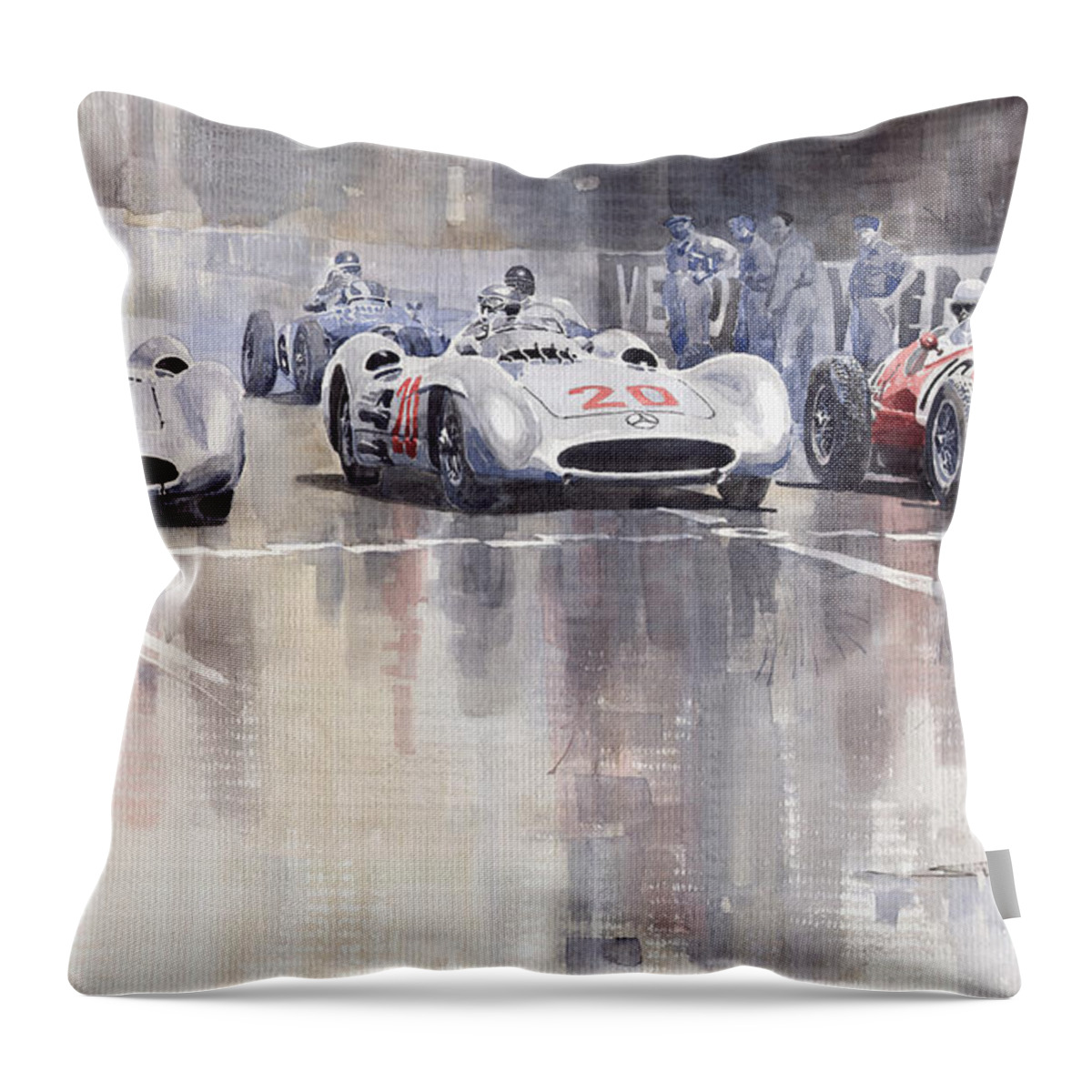 Watercolour Throw Pillow featuring the painting French GP 1954 MB W 196 Meserati 250 F by Yuriy Shevchuk