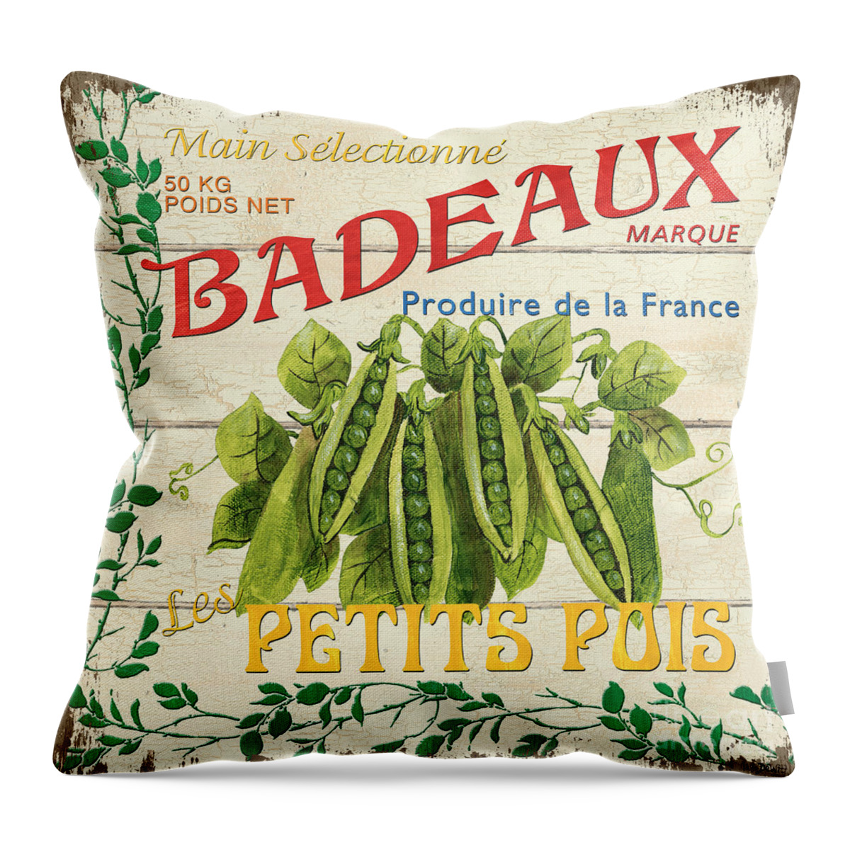 Peas Throw Pillow featuring the painting French Veggie Sign 1 by Debbie DeWitt