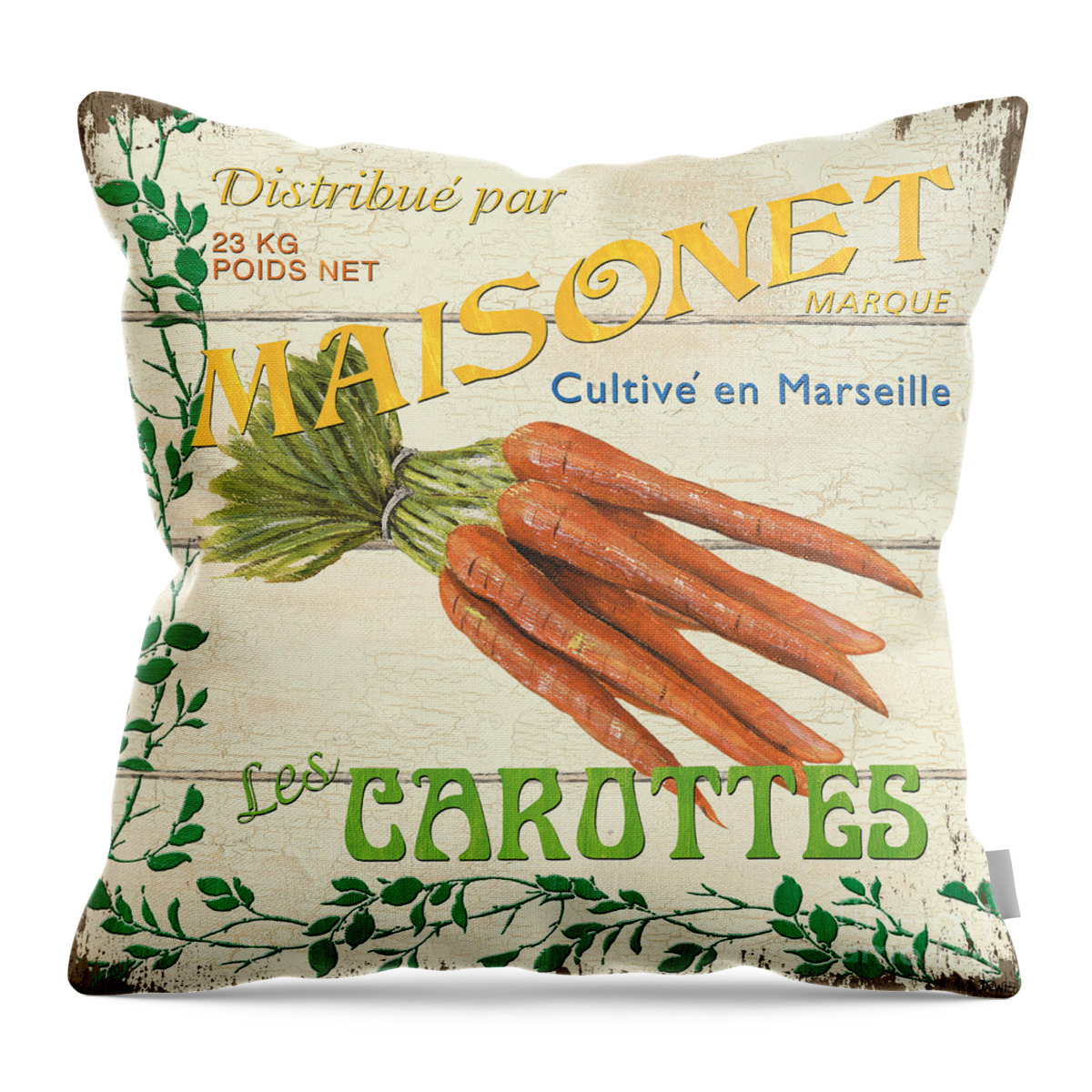 Carrots Throw Pillow featuring the painting French Veggie Sign 2 by Debbie DeWitt
