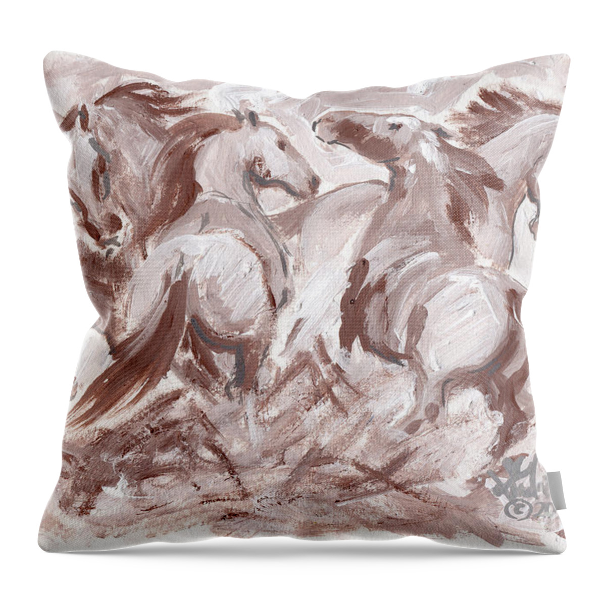 Stallions Throw Pillow featuring the painting Frenzy by Linda L Martin