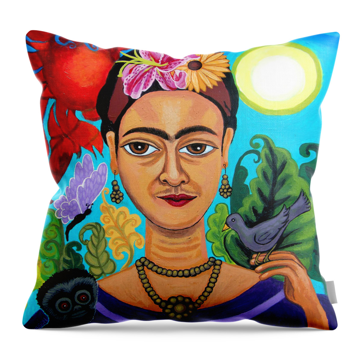 Fridakahlo Throw Pillow featuring the painting Frida Kahlo With Monkey and Bird by Genevieve Esson
