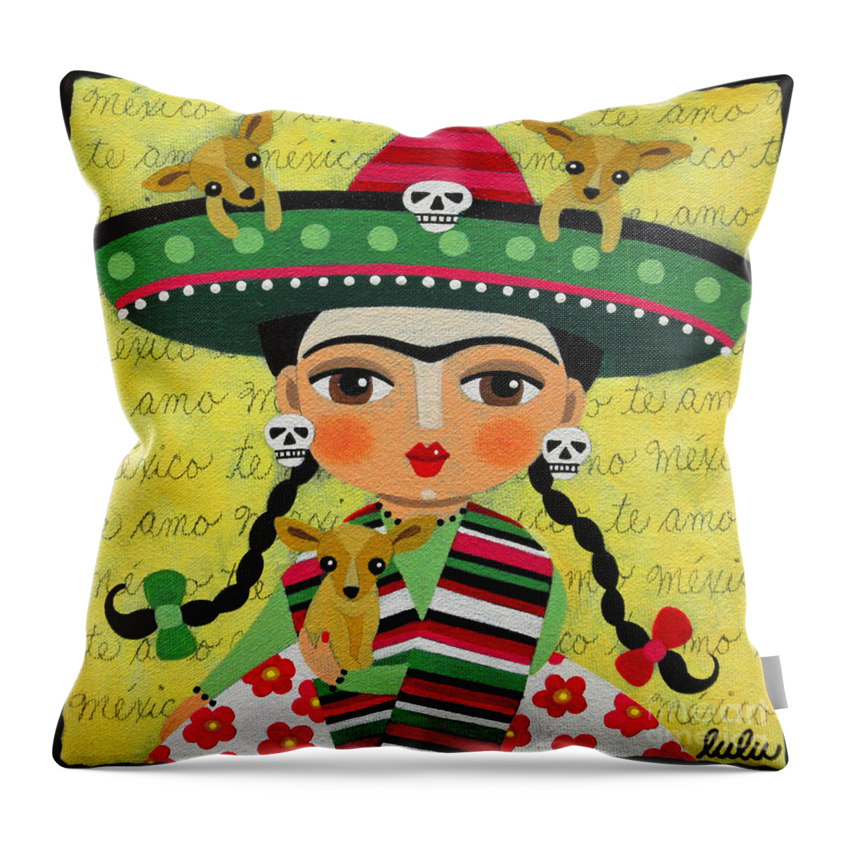 Frida Throw Pillow featuring the painting Frida Kahlo with Sombrero and Chihuahuas by Andree Chevrier