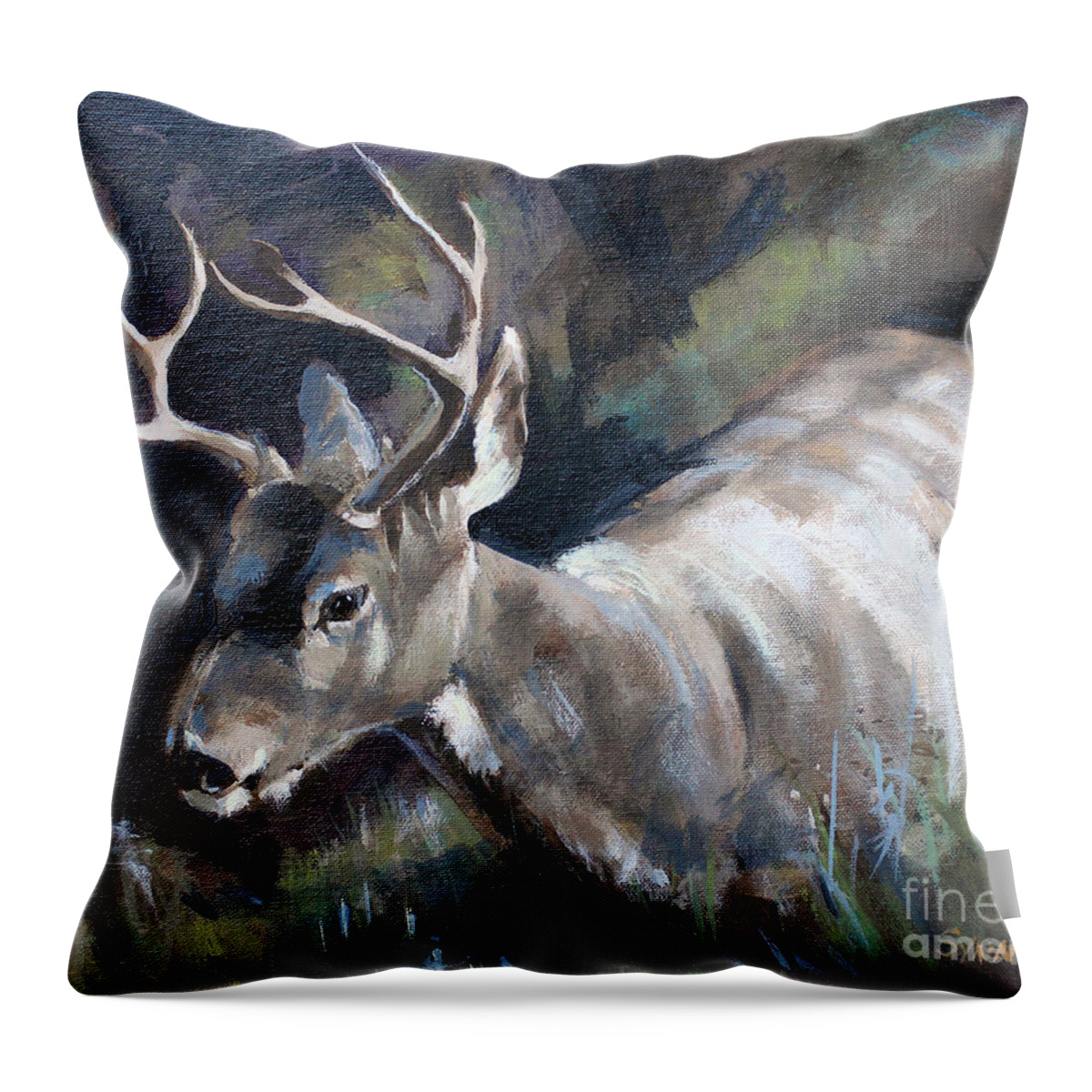 Deer Throw Pillow featuring the painting Friend in the yard by Synnove Pettersen