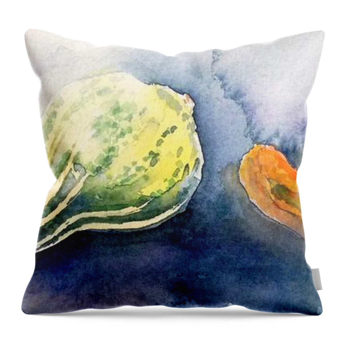 Still Life Throw Pillow featuring the painting Froggy and Gourds by Yoshiko Mishina