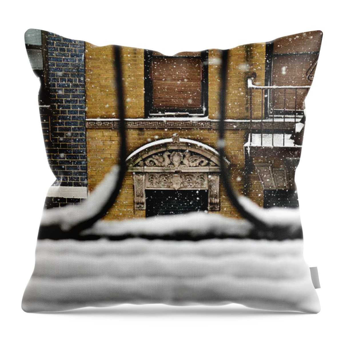 Winter Throw Pillow featuring the photograph From My Fire Escape - Arches in the Snow by Miriam Danar