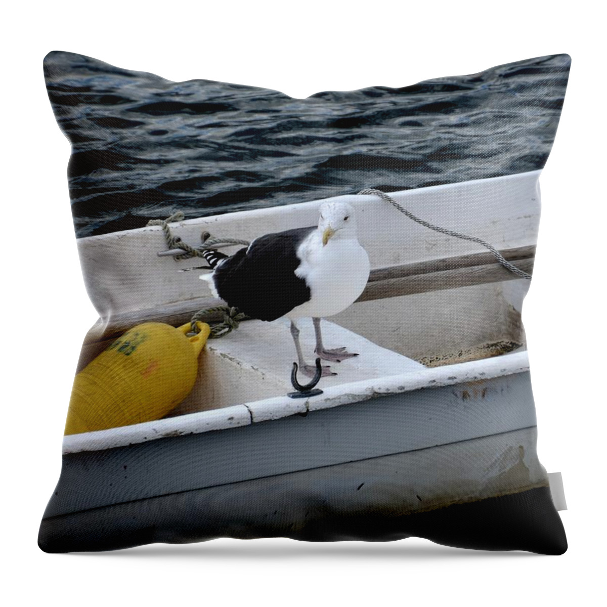 Rockport Throw Pillow featuring the photograph From Rockport MA A seagull chilling out in a rowboat by Toby McGuire