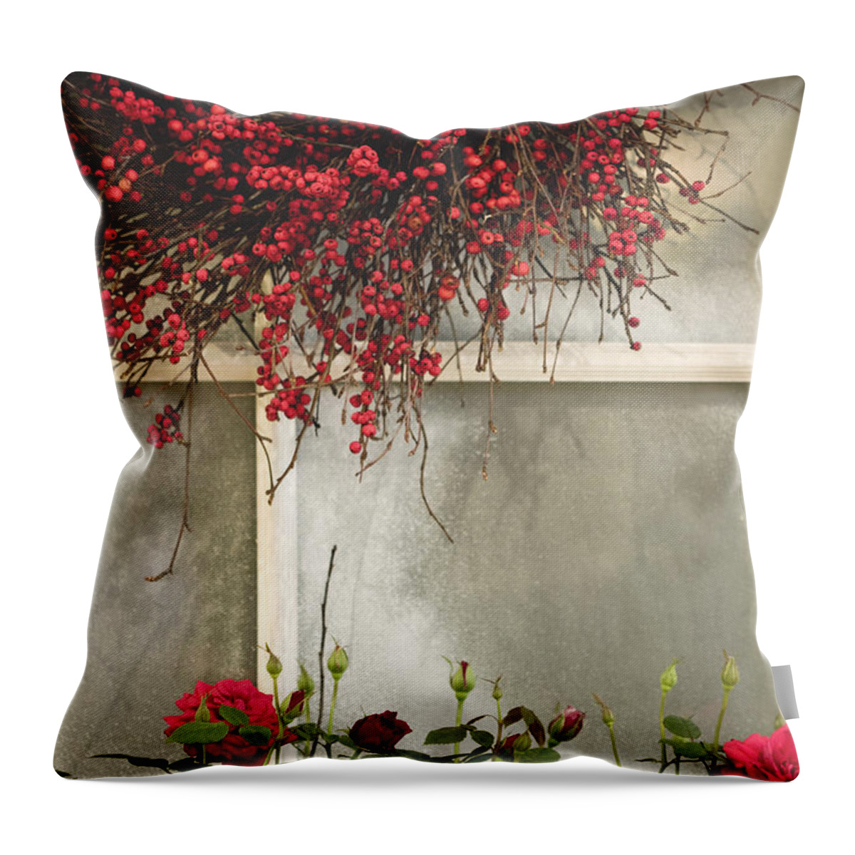 Window; Frost; Windowpane; Frosted; Wreath; Christmas; Red; Flowers; Country; House; Wooden; Home; Glass Throw Pillow featuring the photograph Frosted Windowpane by Margie Hurwich