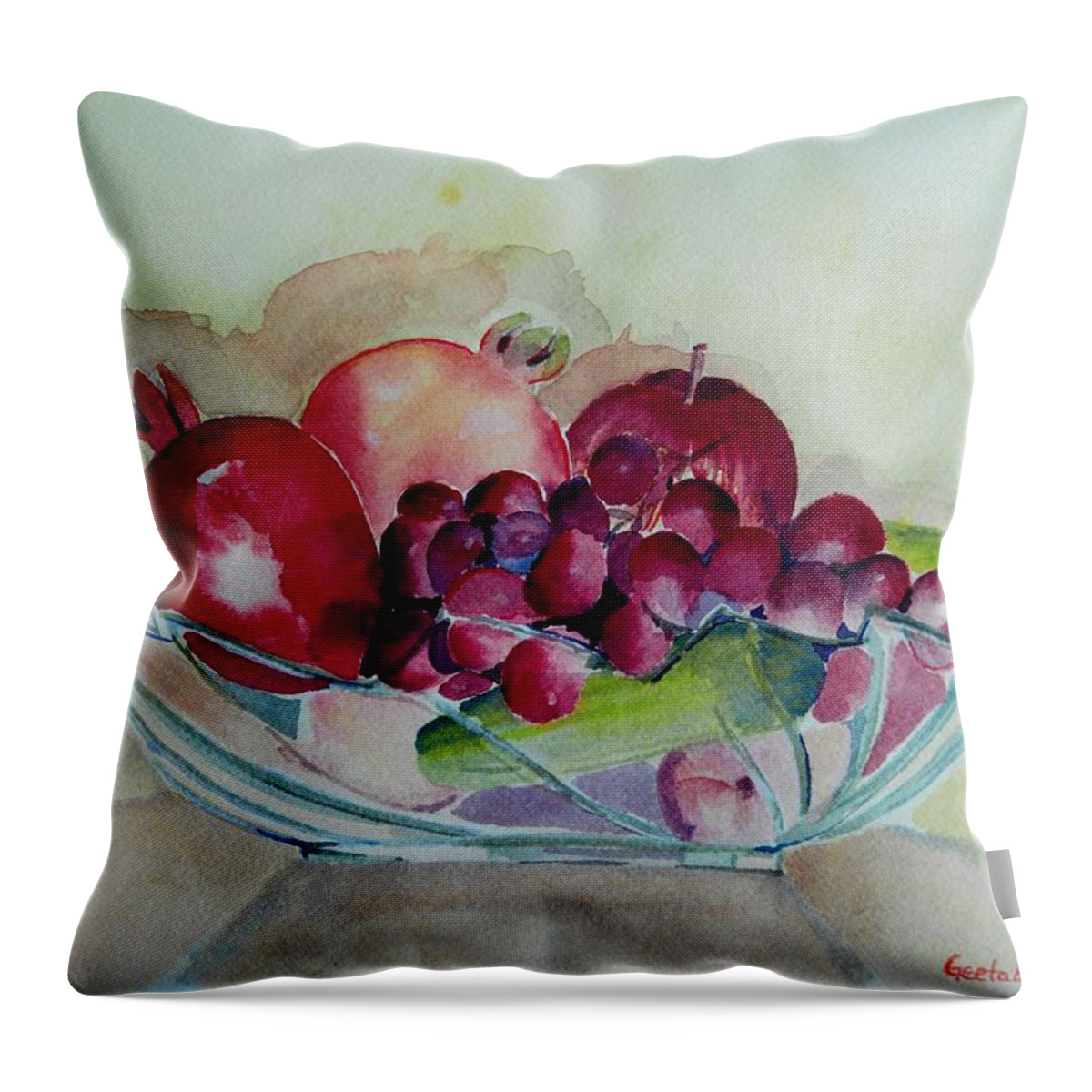 Pomegranate Throw Pillow featuring the painting Fruit Bowl Still Life by Geeta Yerra