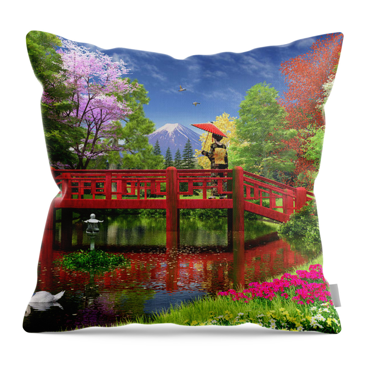 Fuji Throw Pillow featuring the digital art Fuji Lake by MGL Meiklejohn Graphics Licensing