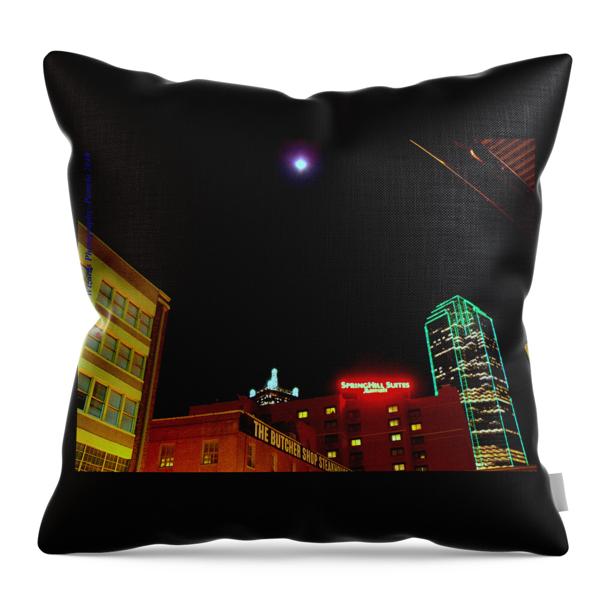 Dallas Street Throw Pillow featuring the digital art Full Moon Over Dallas Streets by Pamela Smale Williams