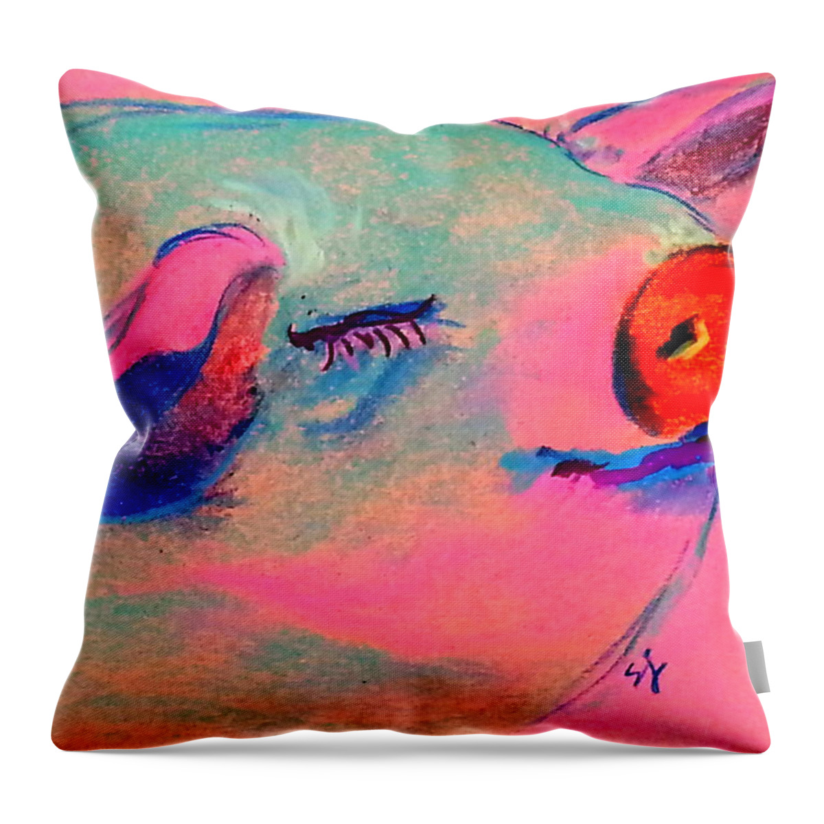 Animals Throw Pillow featuring the painting Funky Piggy Pink by Sue Jacobi