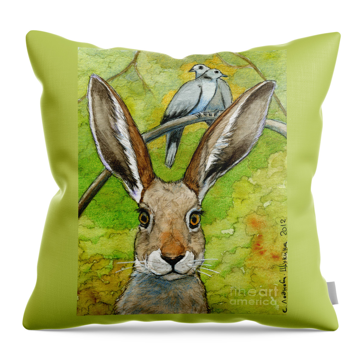 Animal Throw Pillow featuring the painting Funny bunnies-thoughts of love 836 by Svetlana Ledneva-Schukina