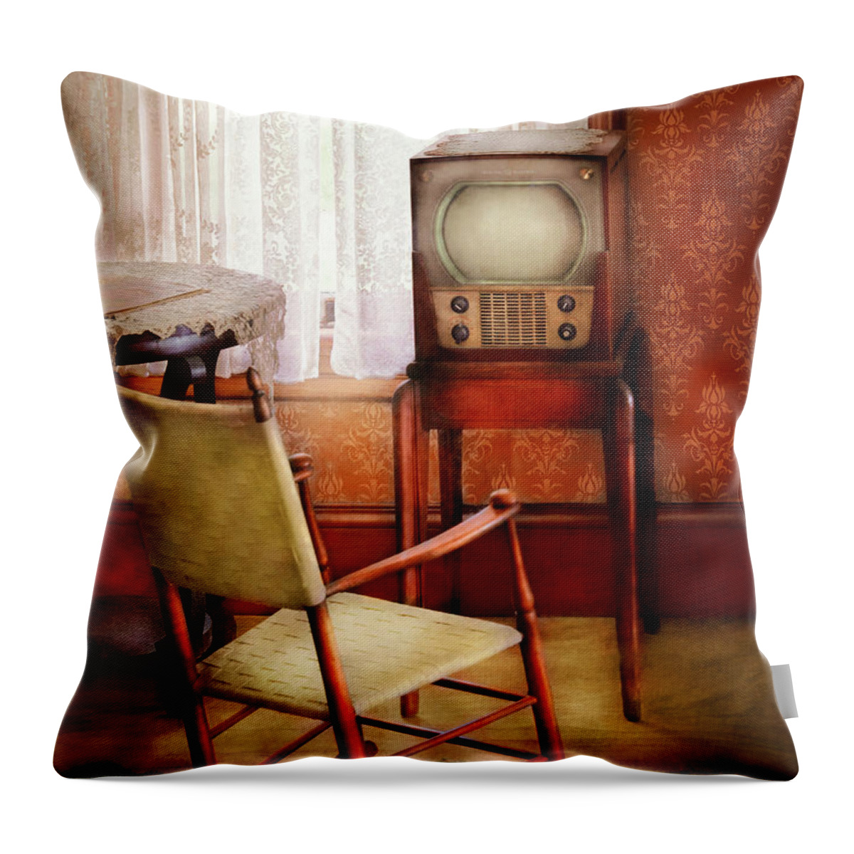 Tv Throw Pillow featuring the photograph Furniture - Chair - The Invention of Television by Mike Savad