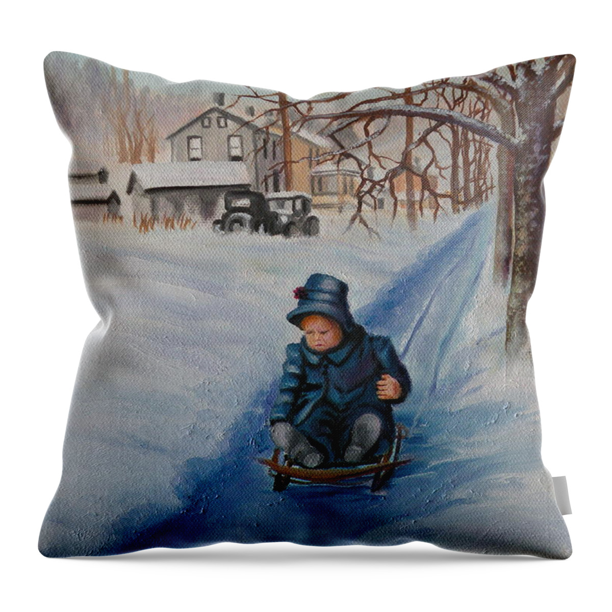 Snow Scene Throw Pillow featuring the painting Gails Christmas Adventure by Lora Duguay