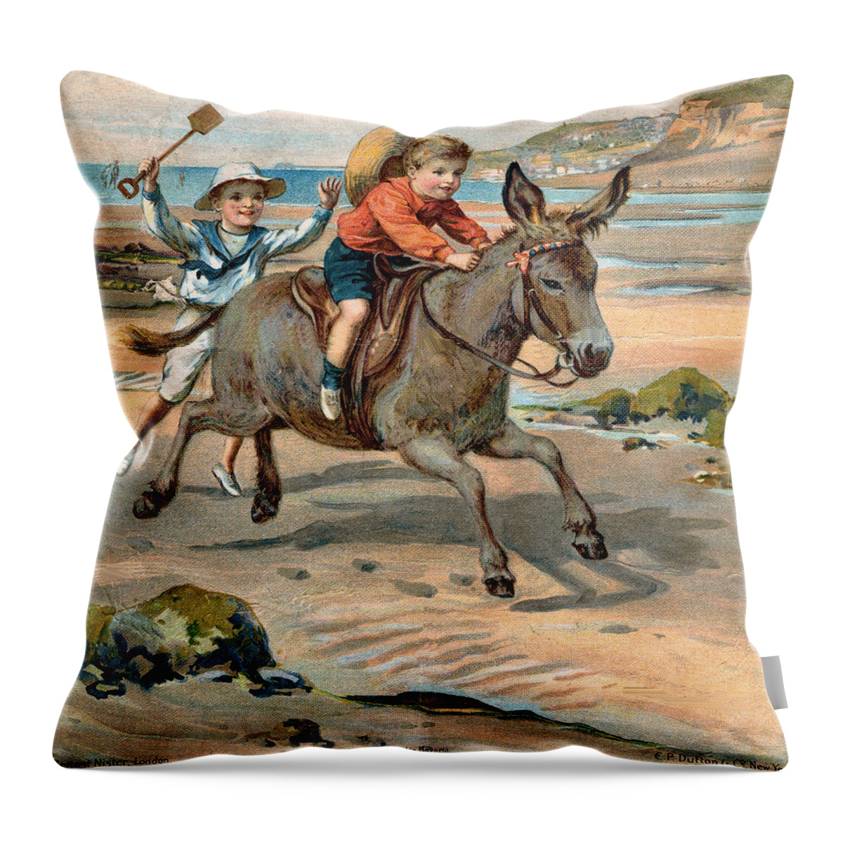 Little Girl At The Beach Throw Pillow featuring the digital art Galloping Donkey At The Beach by Unknown