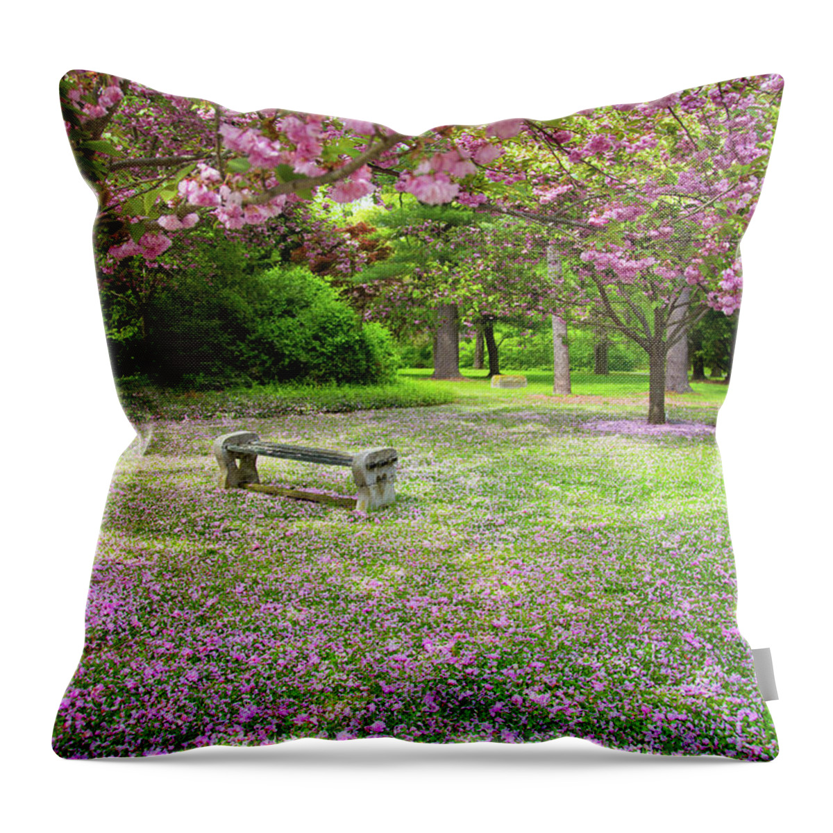 Tranquility Throw Pillow featuring the photograph Garden Bench In Springtime by Littleny Photographic Arts ~ Lisa Combs