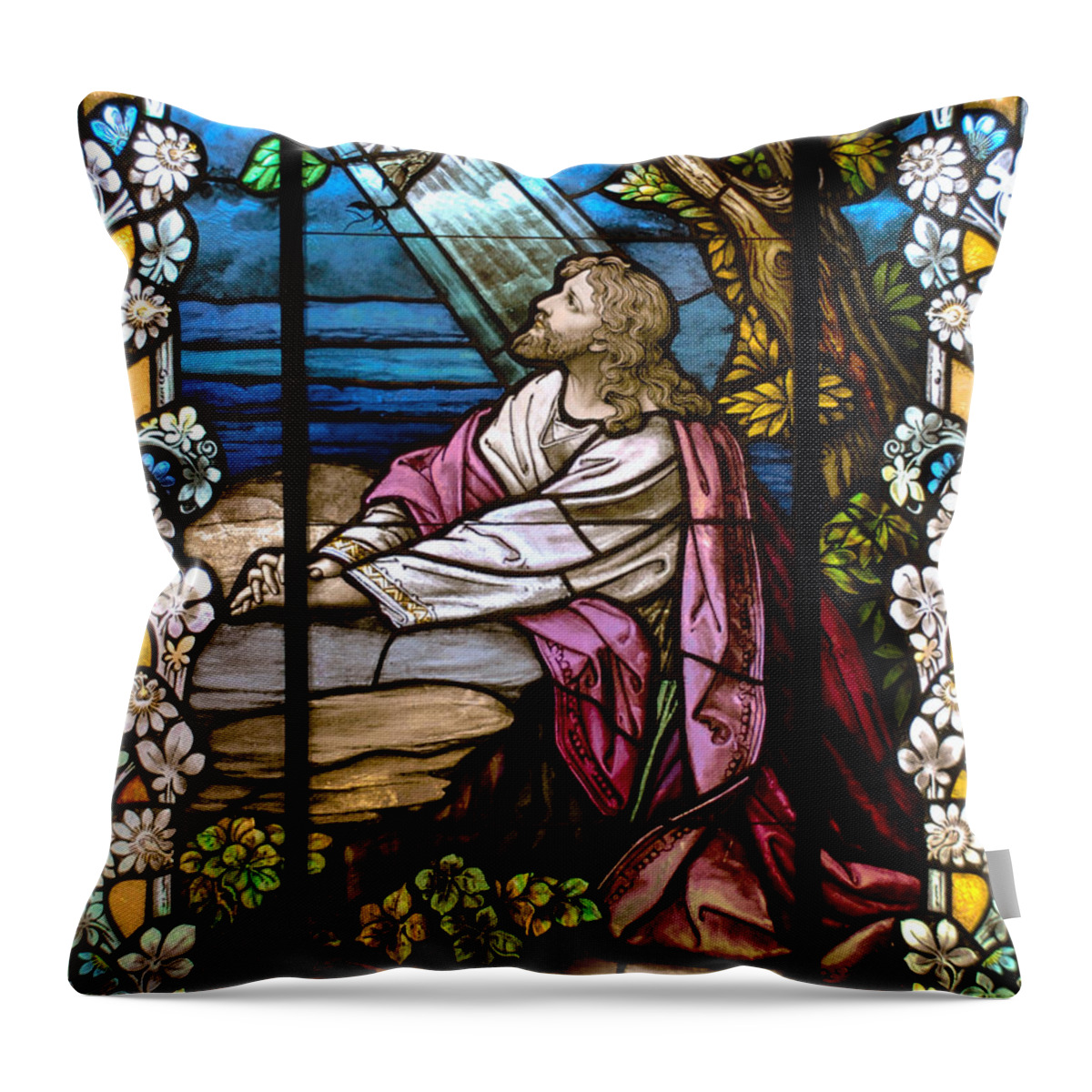 Stained Glass Window Throw Pillow featuring the photograph Garden of Gethsemane by Larry Ward