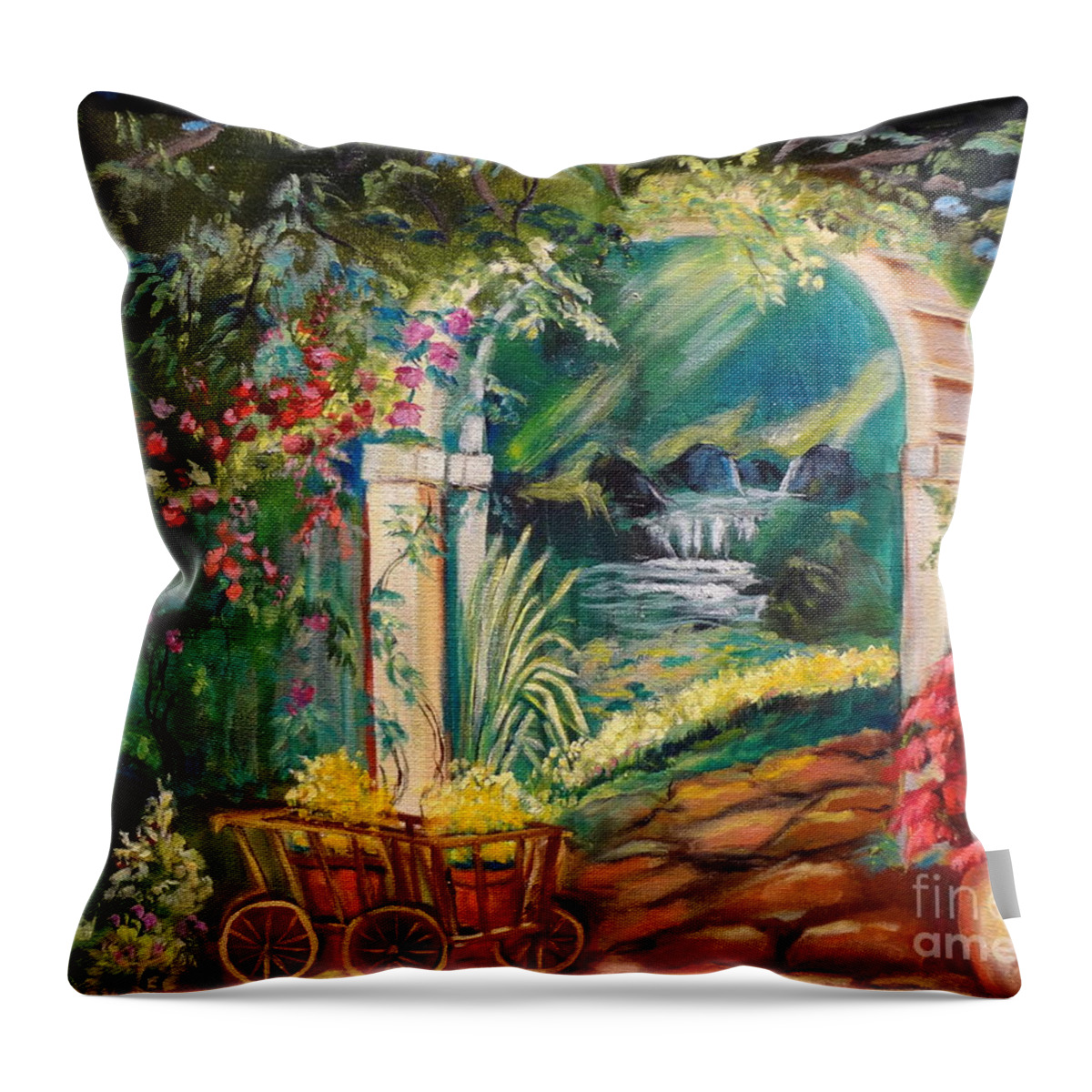 Garden Scene Throw Pillow featuring the painting Garden of Serenity Beyond by Jenny Lee
