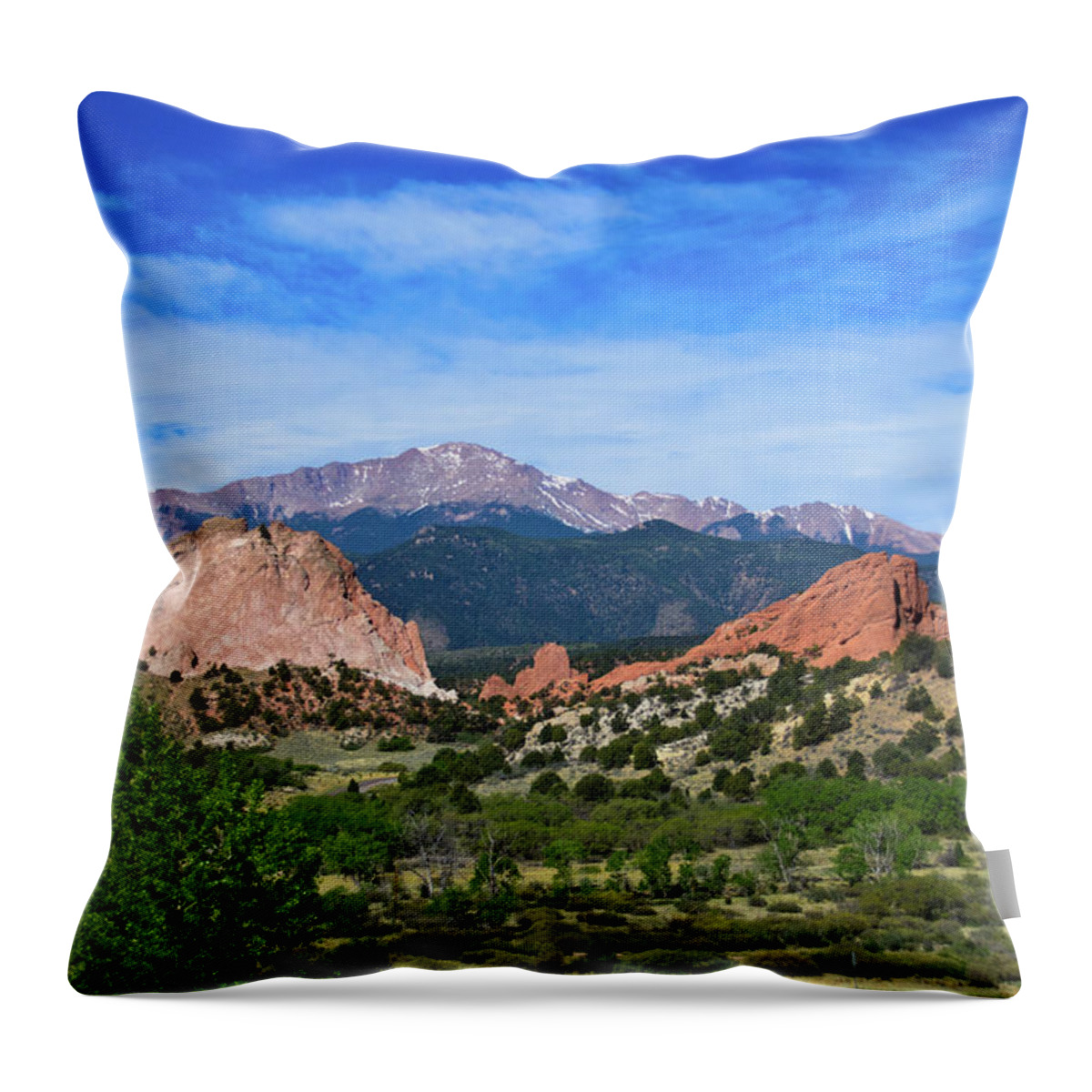 Scenics Throw Pillow featuring the photograph Garden Of The Gods With Pikes Peak by Dan Buettner