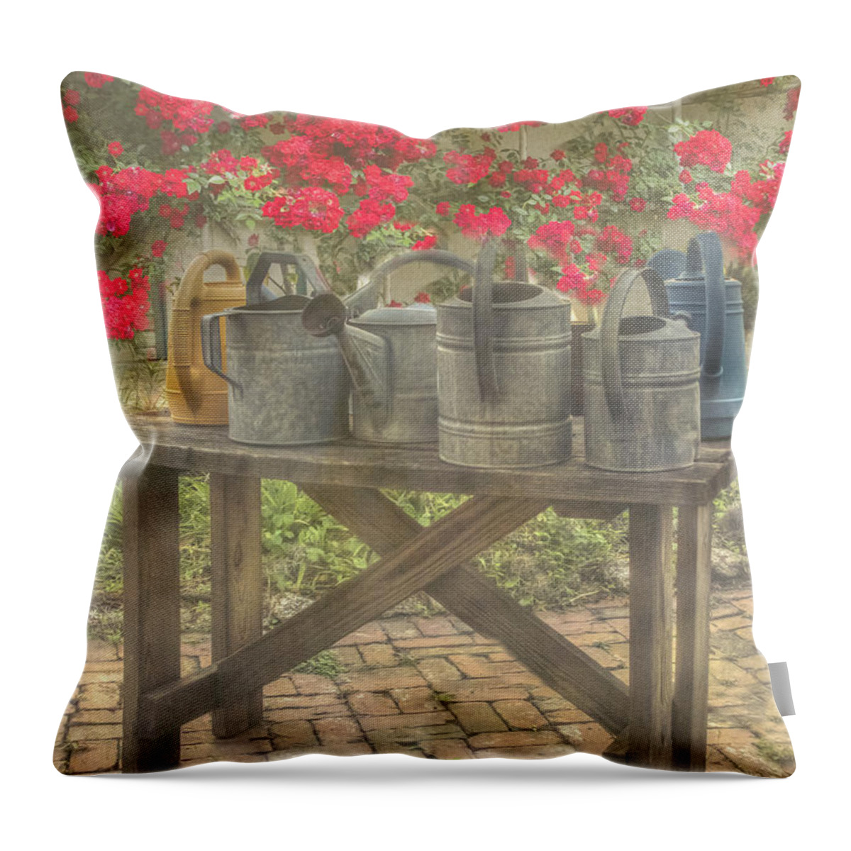  Watering Cans Throw Pillow featuring the photograph Garden Treasures by Marilyn Cornwell