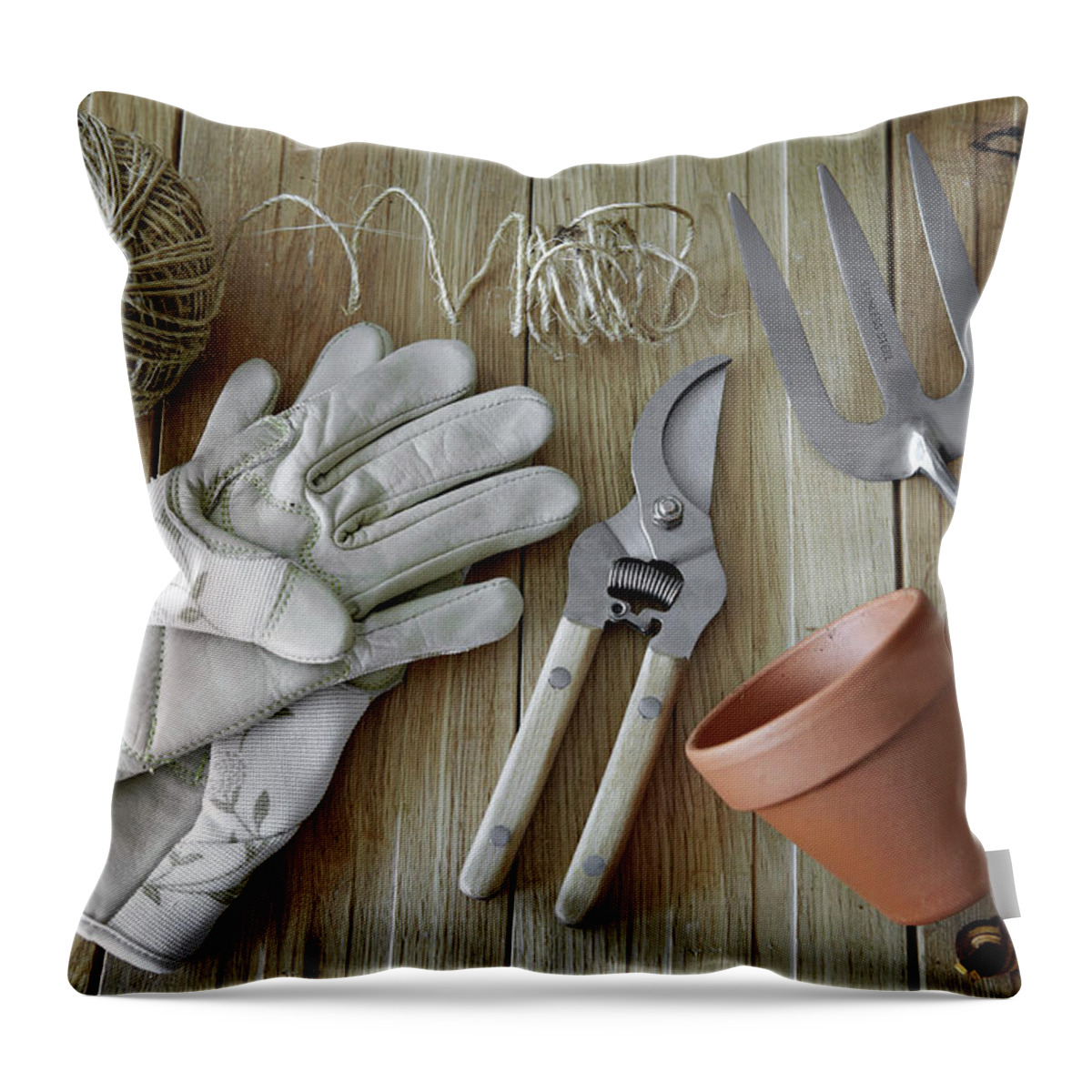 Ball Throw Pillow featuring the photograph Gardening Tools, Still Life by Debby Lewis-harrison