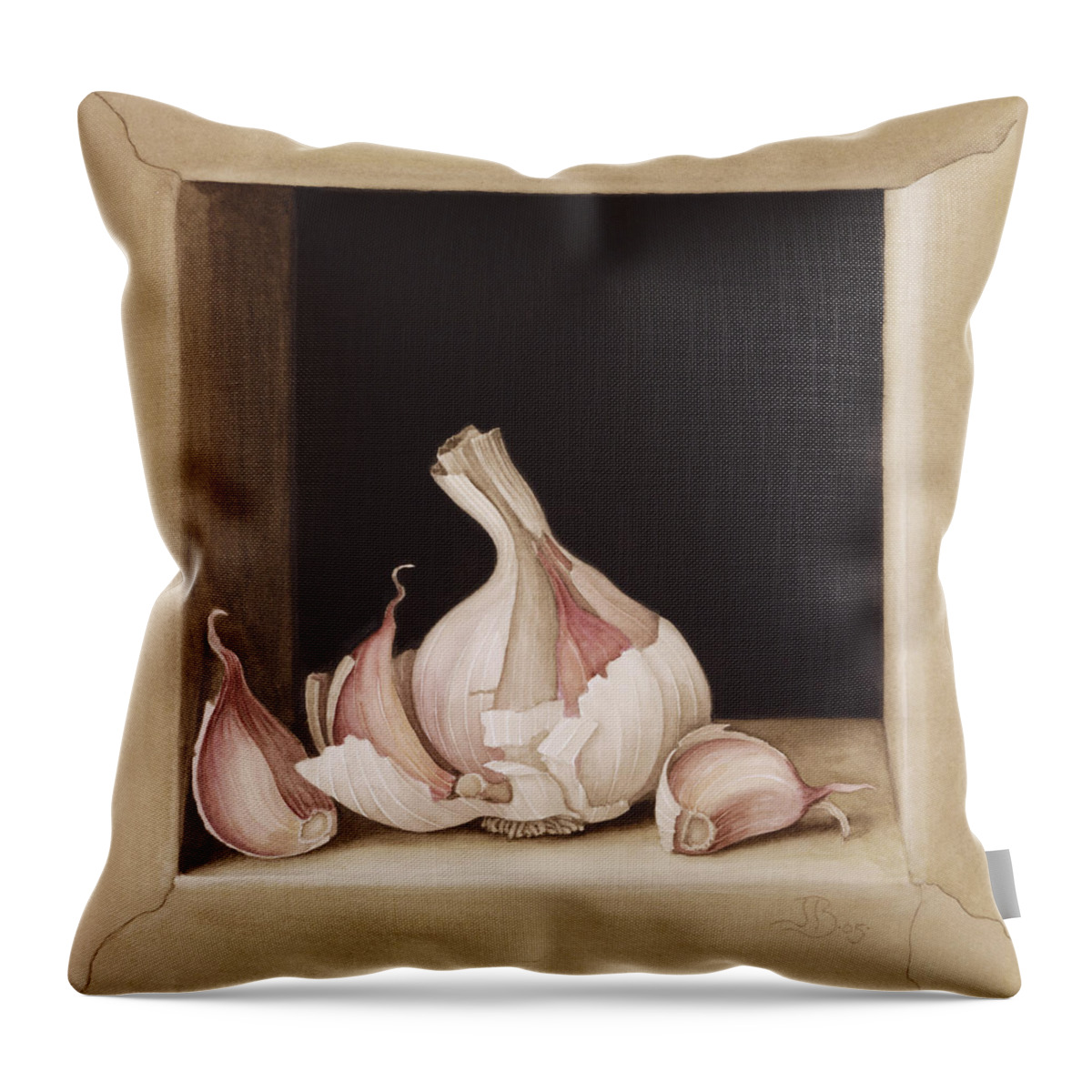 Clove; Cloves; Bulb; Food; Ingredient; Still Life; Culinary; Ledge; Onion Throw Pillow featuring the painting Garlic by Jenny Barron