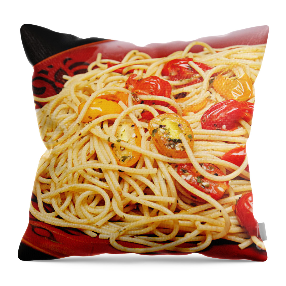 Pasta Throw Pillow featuring the photograph Garlic Pasta And Grape Tomatoes by Andee Design