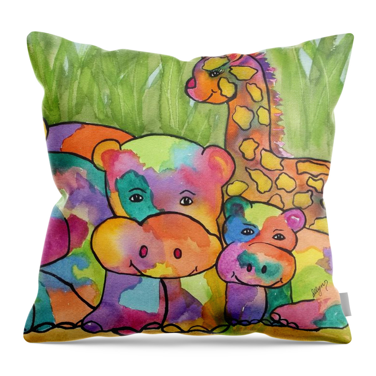 Hippos Throw Pillow featuring the painting Gathering of Friends by Ellen Levinson