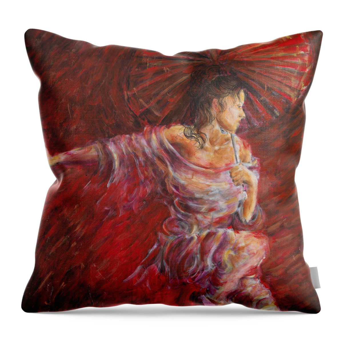 Geisha Throw Pillow featuring the painting Geisha Dance With Umbrella by Nik Helbig