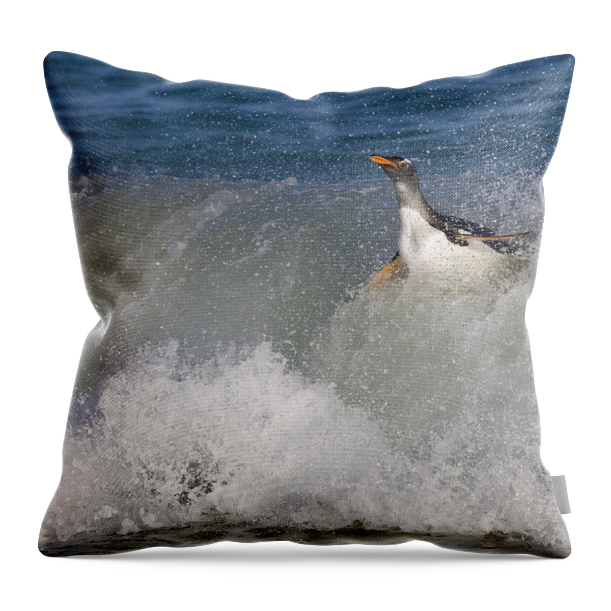 Flpa Throw Pillow featuring the photograph Gentoo Penguin In Breaking Wave New by Dickie Duckett