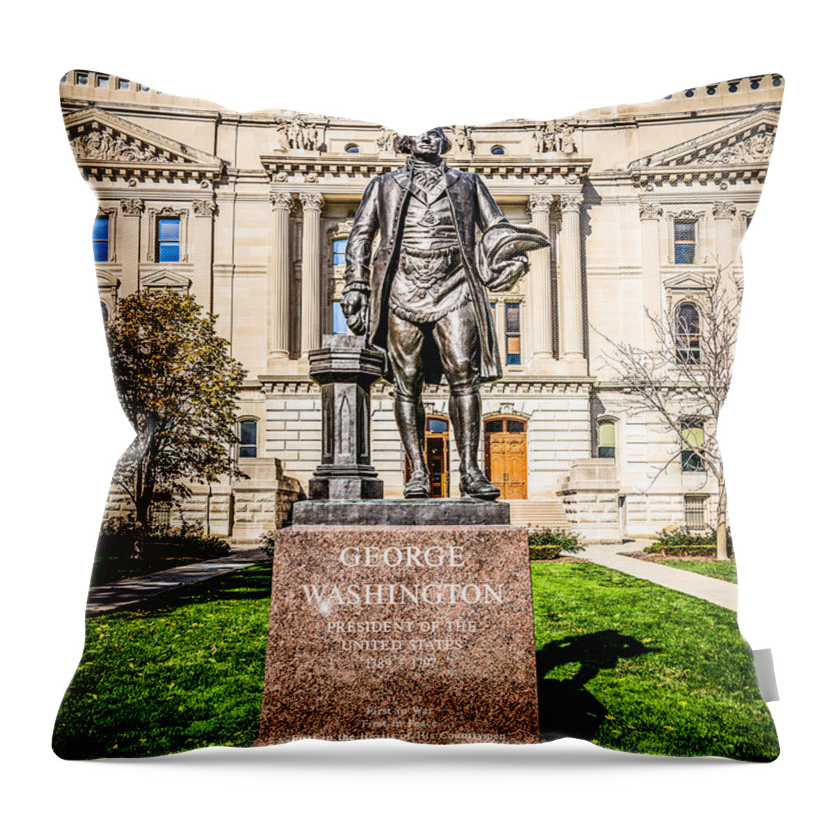 America Throw Pillow featuring the photograph George Washington Statue Indianapolis Indiana Statehouse by Paul Velgos