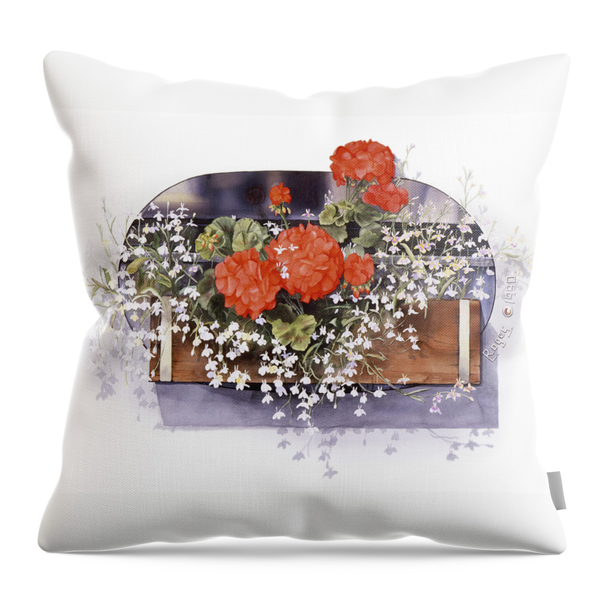 Watercolor Throw Pillow featuring the painting Geraniums by Roger Snyder