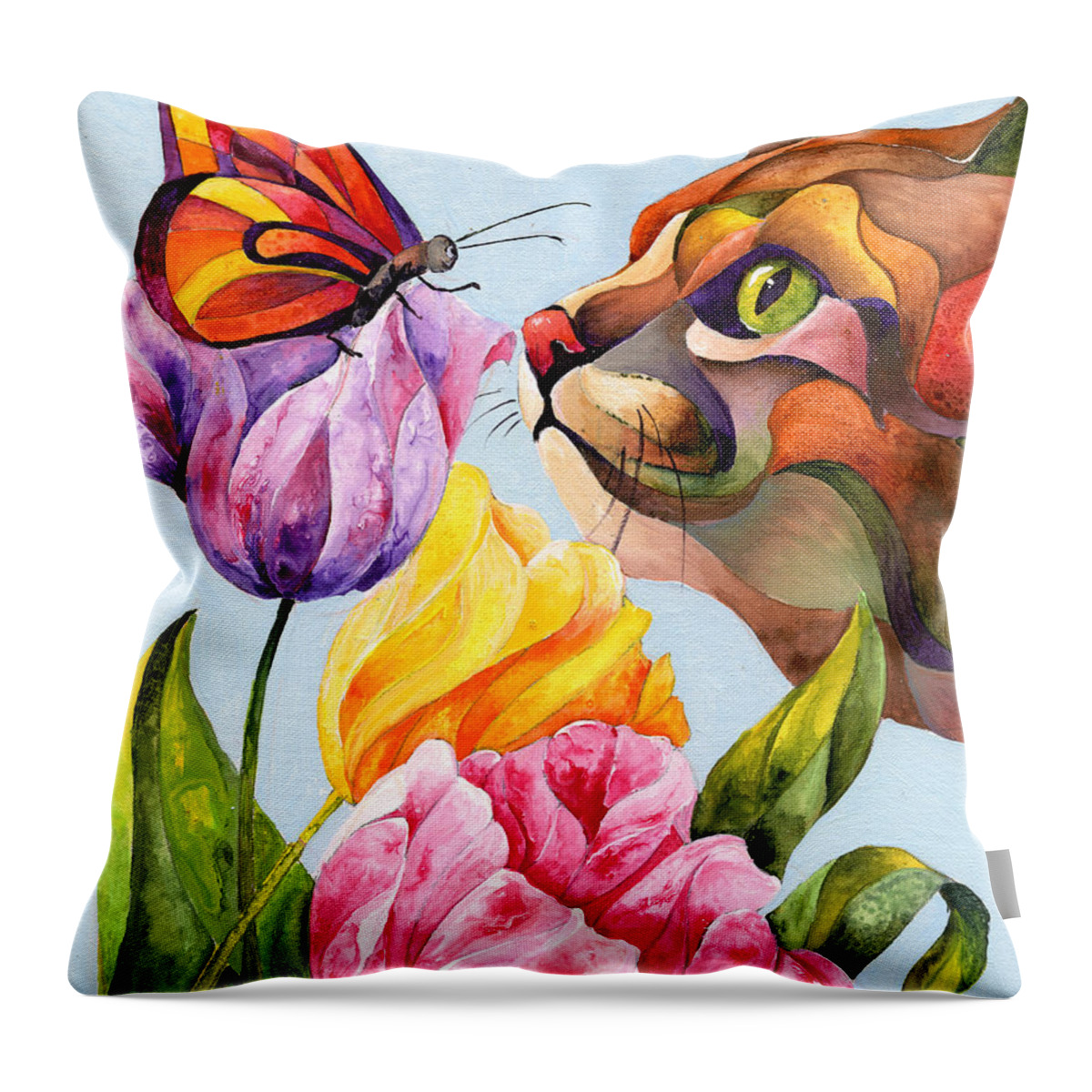 Cat Throw Pillow featuring the painting Getting to Know You by Sherry Shipley