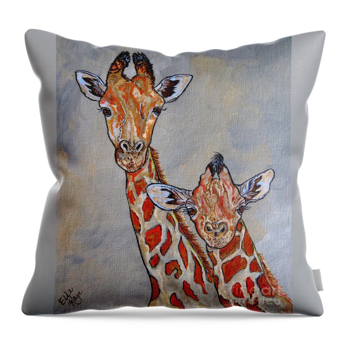 Giraffe Throw Pillow featuring the painting Giraffes - Standing Side by Side by Ella Kaye Dickey