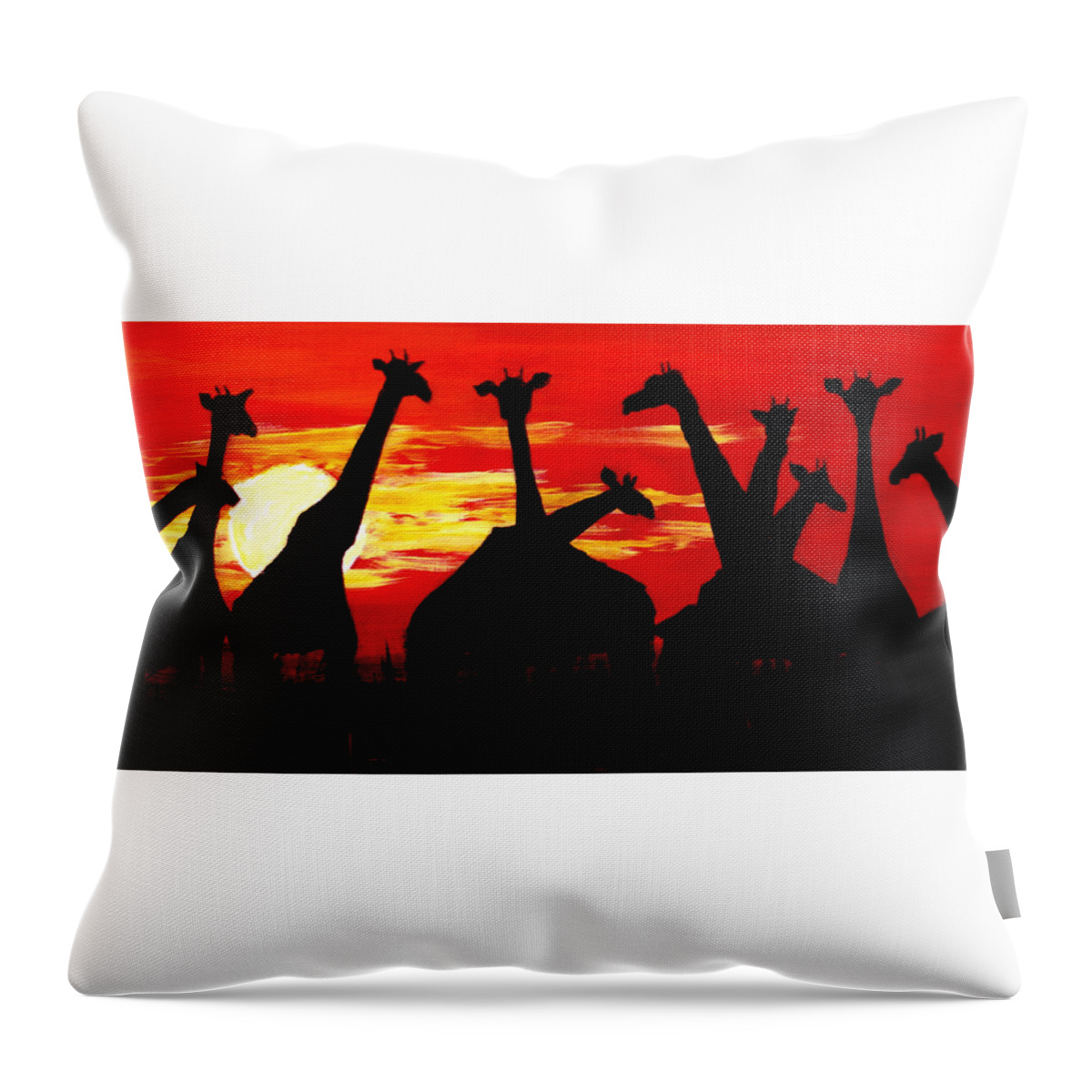 Giraffe Throw Pillow featuring the painting Giraffes Sunset Africa Serengeti by Katy Hawk
