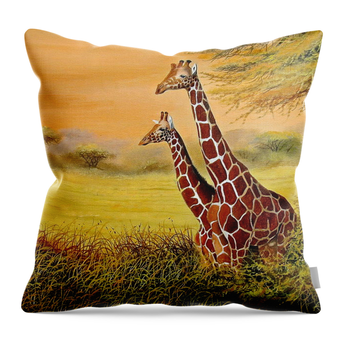 African Paintings Throw Pillow featuring the painting Giraffes Watching by Wycliffe Ndwiga