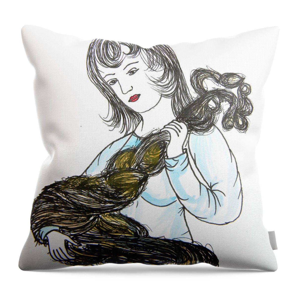 Maiden Wiser Than The Tsar Throw Pillow featuring the drawing Girl and Tow by Marwan George Khoury