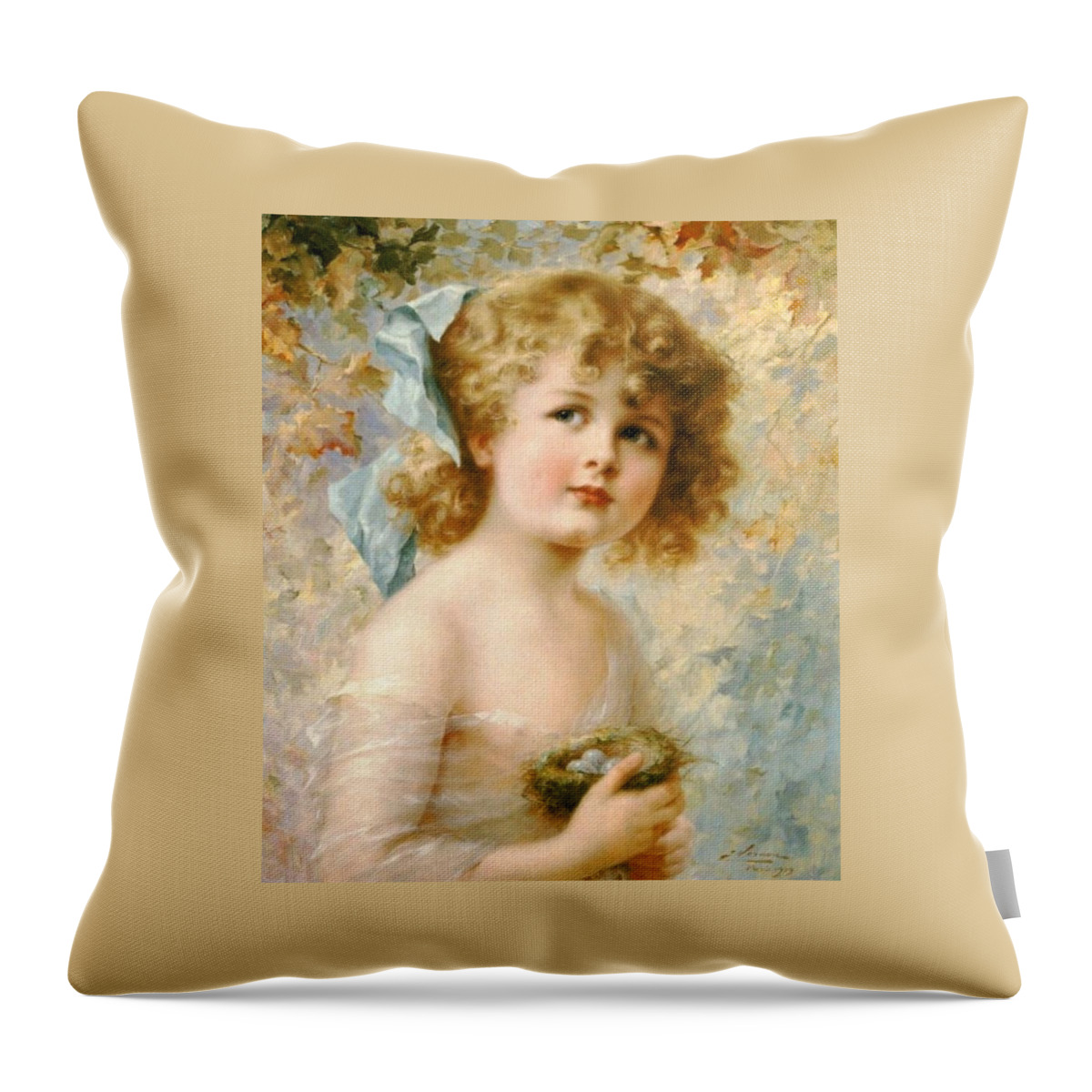 Emile Vernon Throw Pillow featuring the digital art Girl Holding A Nest by Emile Vernon