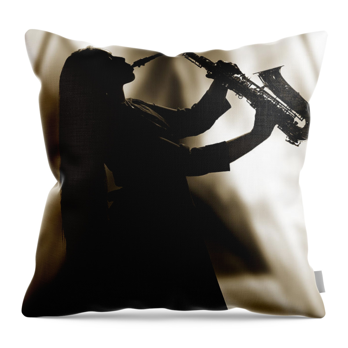 Saxophone Throw Pillow featuring the photograph Girl Musician Playing Saxophone in Silhouette Sepia 3353.01 by M K Miller