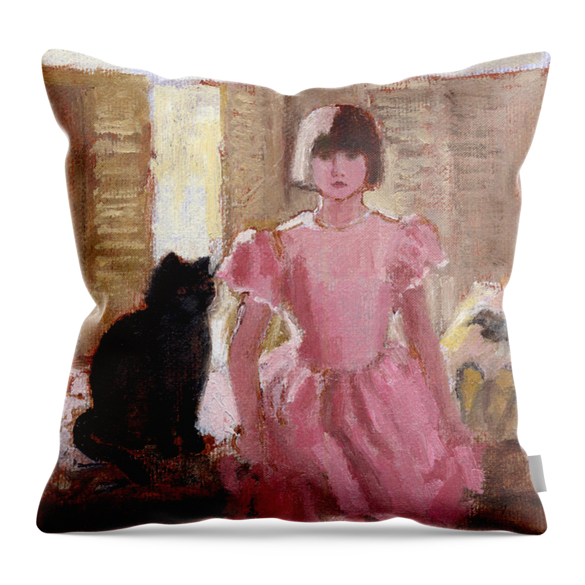 Girl With Black Cat Throw Pillow featuring the painting Girl with Black Cat by J Reifsnyder