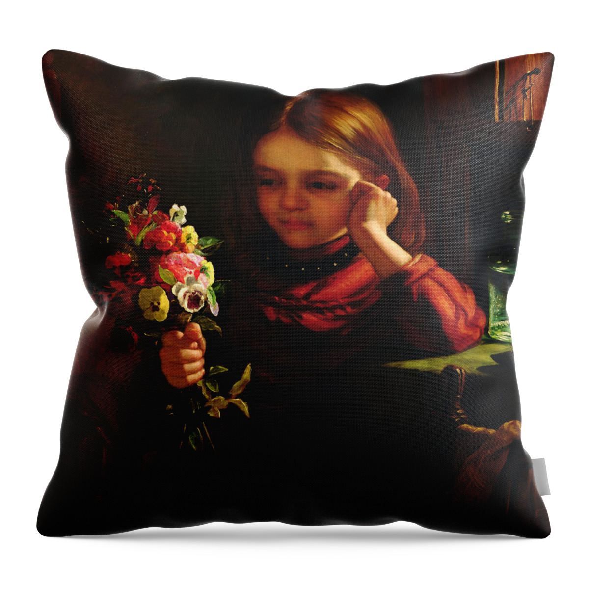 Girl With Flowers Throw Pillow featuring the painting Girl With Flowers by John Davidson