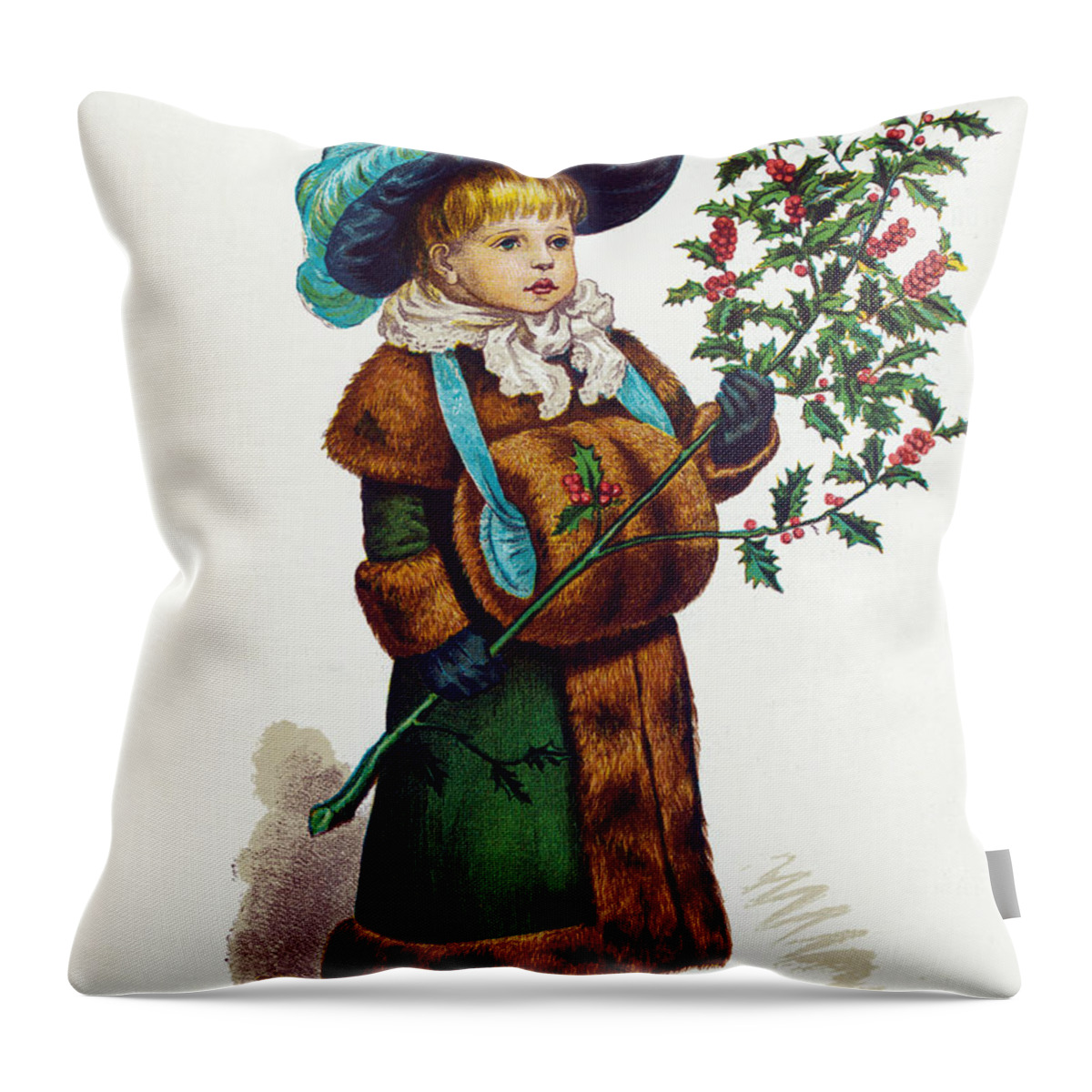 Girl Throw Pillow featuring the photograph Girl With Holly by Mary Evans