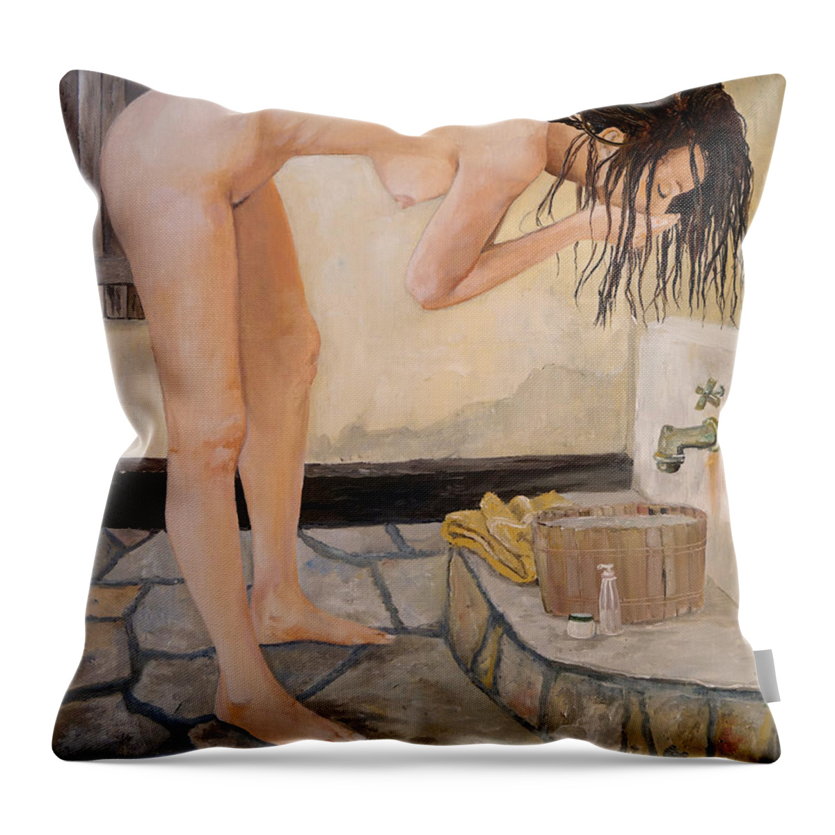 Nudes Throw Pillow featuring the painting Girl with the Golden Towel by Alan Lakin