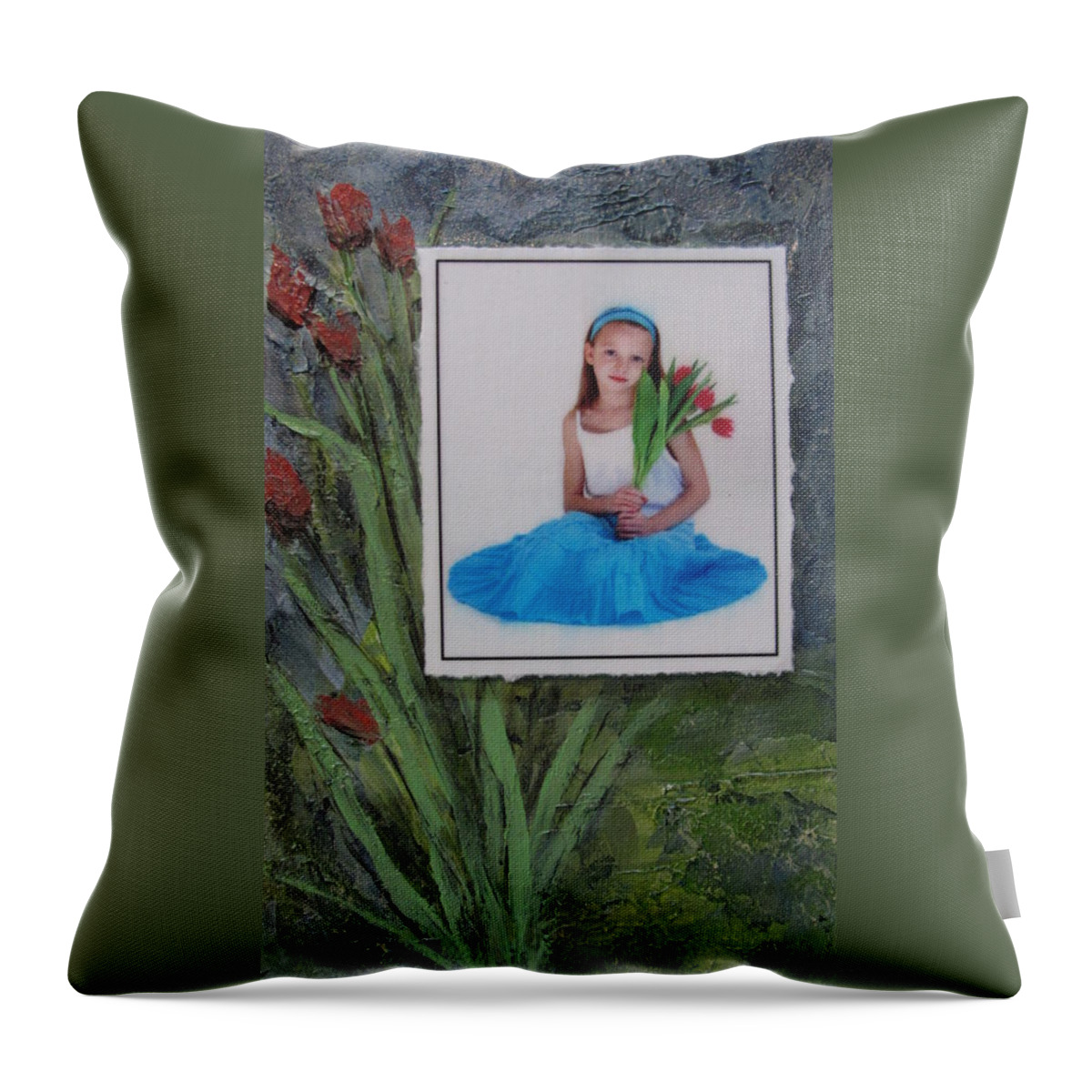 Girl Throw Pillow featuring the mixed media Girl with Tulips by Anita Burgermeister