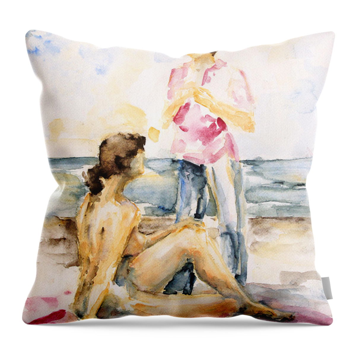 Barbara Pommerenke Throw Pillow featuring the painting Girlfriends At The Beach by Barbara Pommerenke