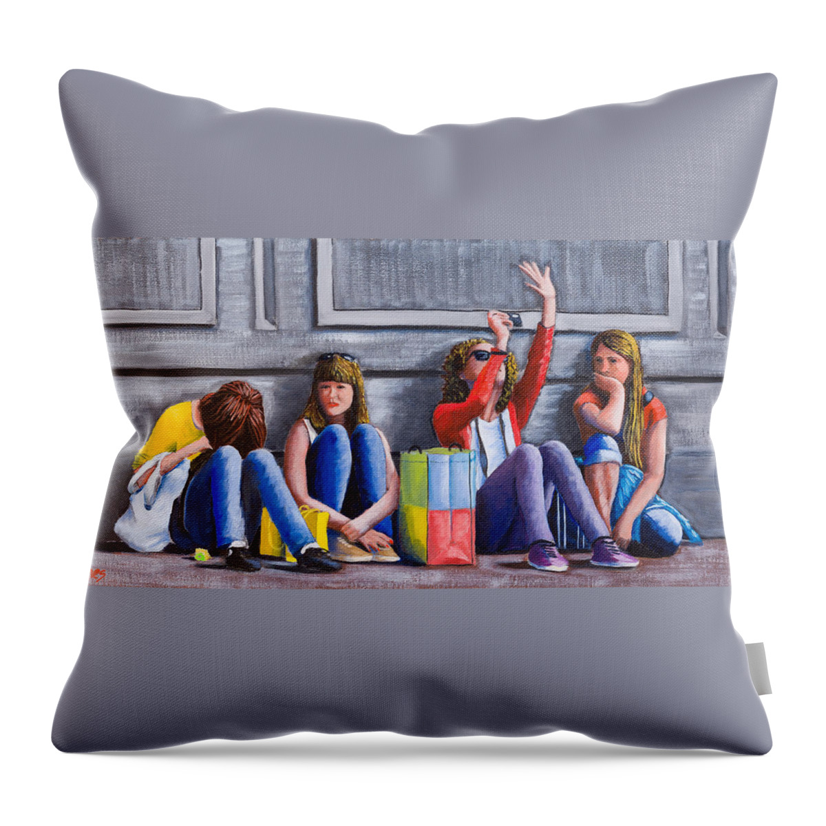 Girls Throw Pillow featuring the painting Girls Waiting for Ride by Kevin Hughes