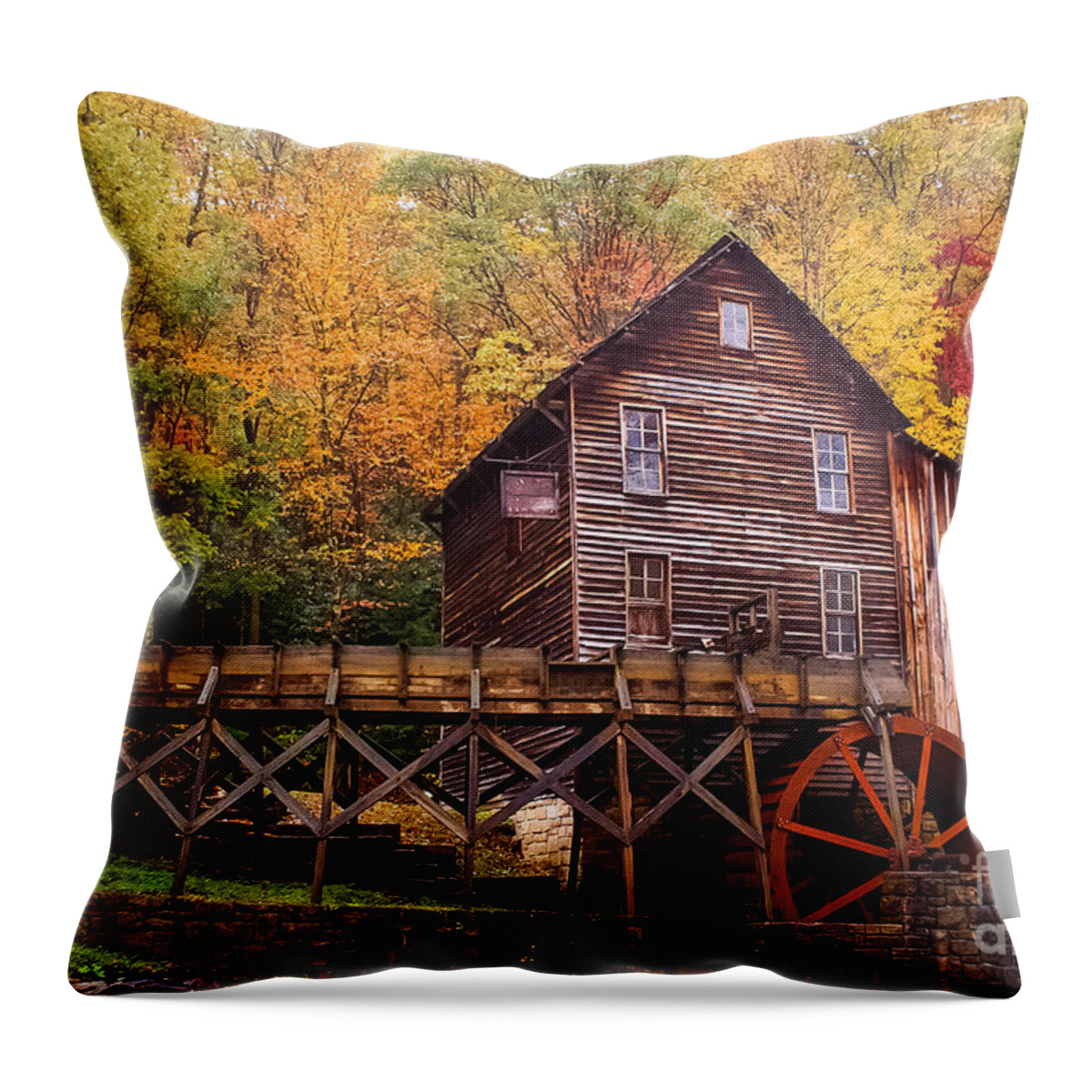 Glade Creek Grist Mill Throw Pillow featuring the photograph Glade Creek Grist Mill by M Three Photos