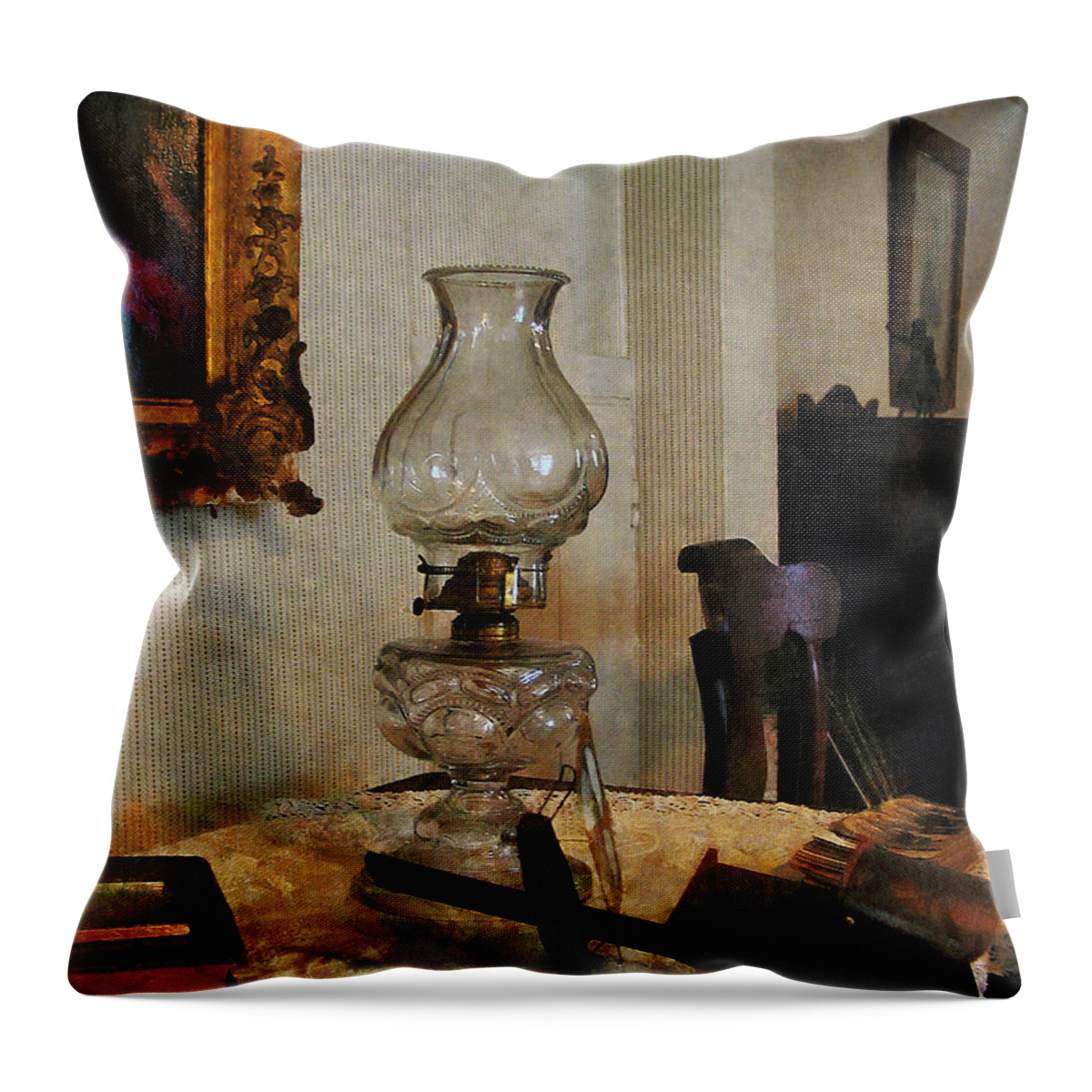 Lamp Throw Pillow featuring the photograph Glass Lamp and Stereopticon by Susan Savad