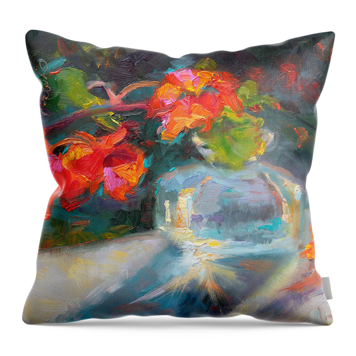 Nasturtium Throw Pillow featuring the painting Gleaning Light Nasturtium Still Life by Talya Johnson