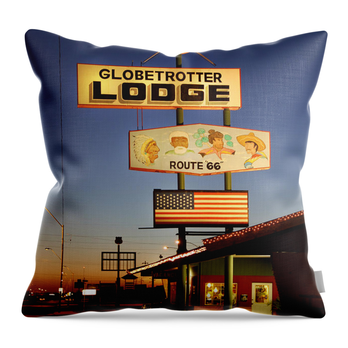 Globetrotter Lodge Throw Pillow featuring the photograph Globetrotter Lodge - Holbrook by Mike McGlothlen